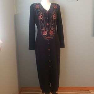 Vintage Carole Little Black Sweater Dress with Floral Embroidery